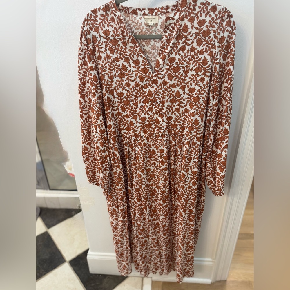 Cost Plus World Market Terracotta and White V-Neck Midi Dress with pockets